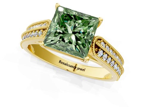 Yellow gold Fancy Green Princess Cut Cut Pave Split Shank Engagement Ring with Four-Prong Setting_1