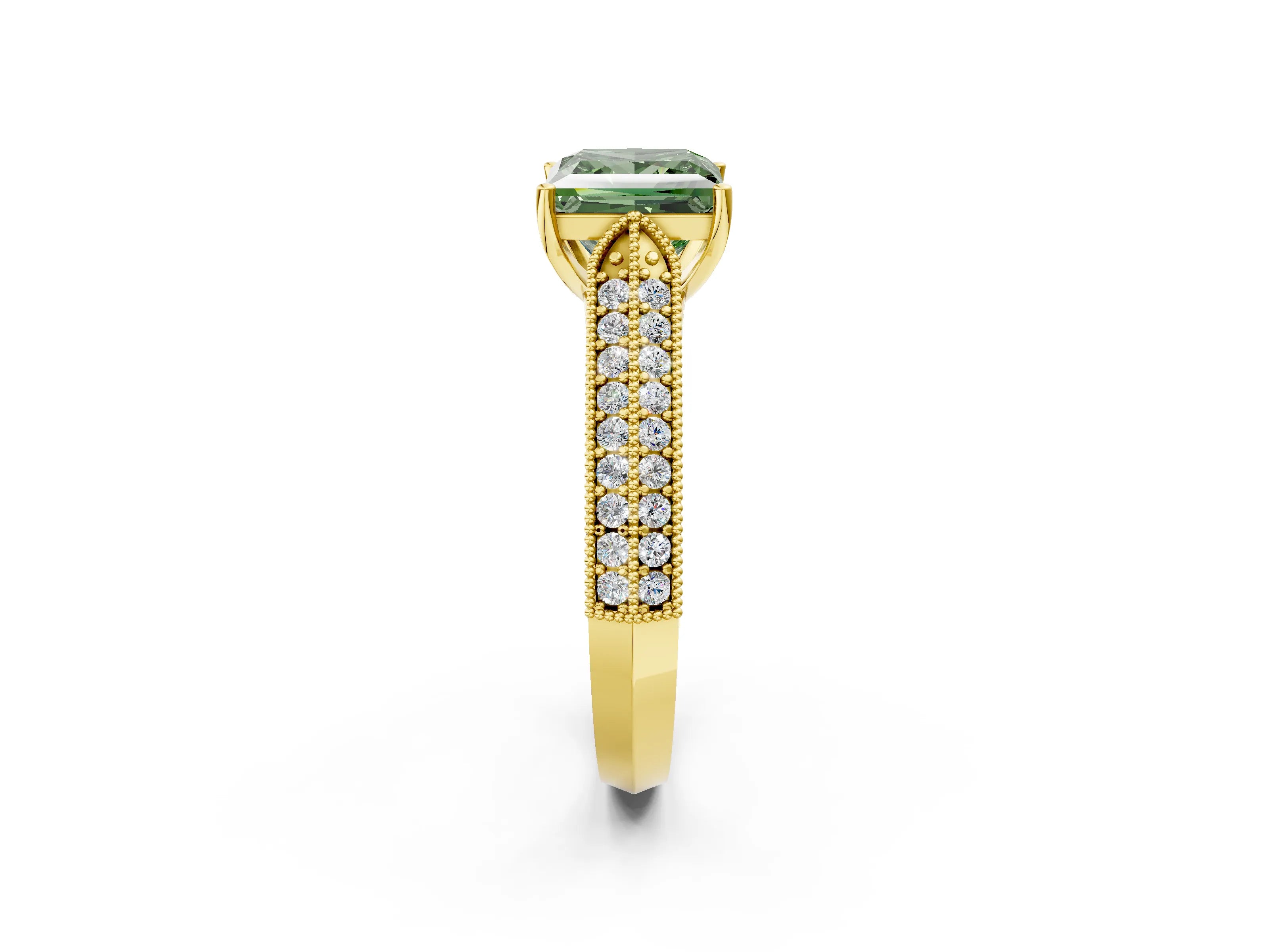 Yellow gold Fancy Green Princess Cut Cut Pave Split Shank Engagement Ring with Four-Prong Setting_2