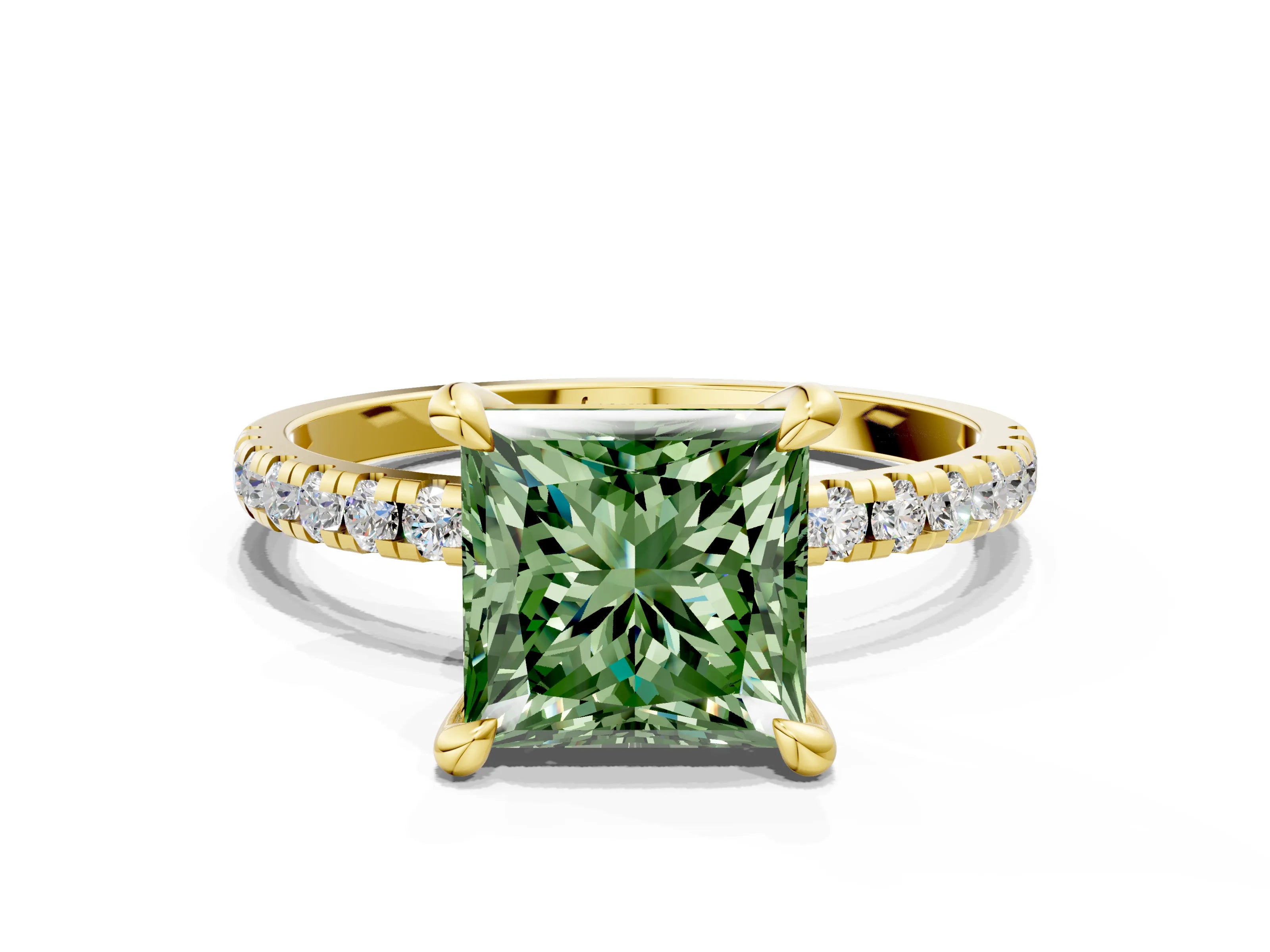 Yellow gold Fancy Green Princess Cut Diamond Brilliant Solitaire Ring with Pavé Band and Four-Prong Setting