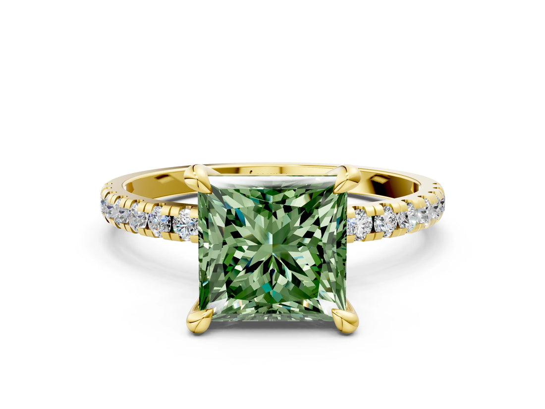 Yellow gold Fancy Green Princess Cut Diamond Brilliant Solitaire Ring with Pavé Band and Four-Prong Setting_12