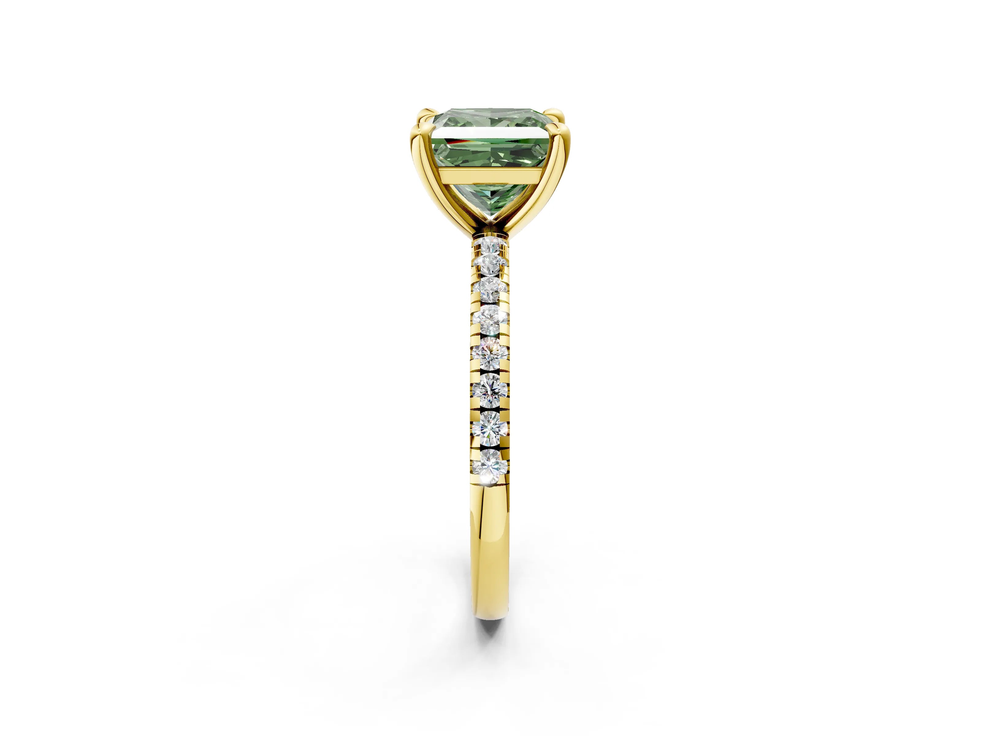 Yellow gold Fancy Green Princess Cut Diamond Brilliant Solitaire Ring with Pavé Band and Four-Prong Setting_2
