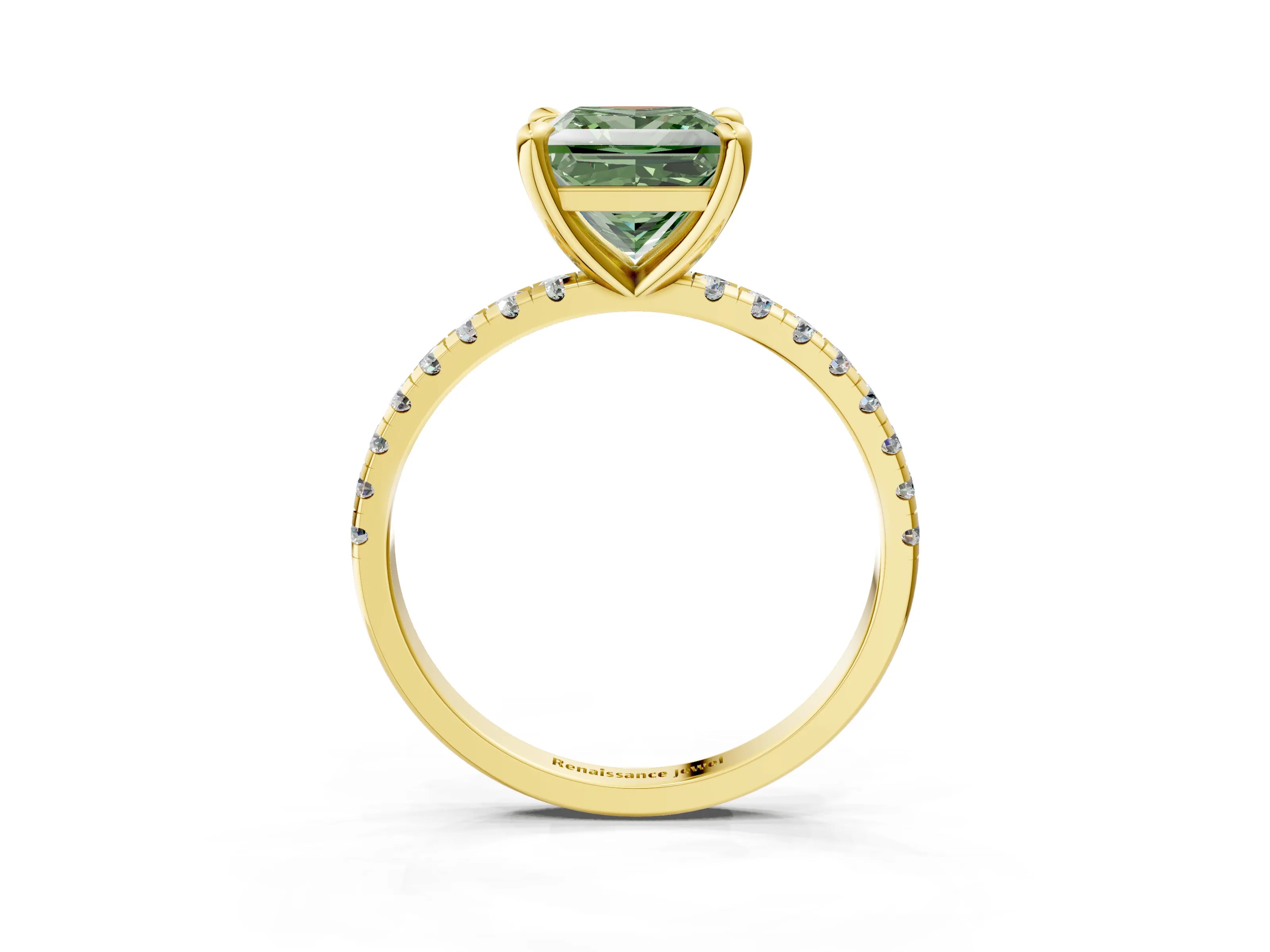 Yellow gold Fancy Green Princess Cut Diamond Brilliant Solitaire Ring with Pavé Band and Four-Prong Setting_3