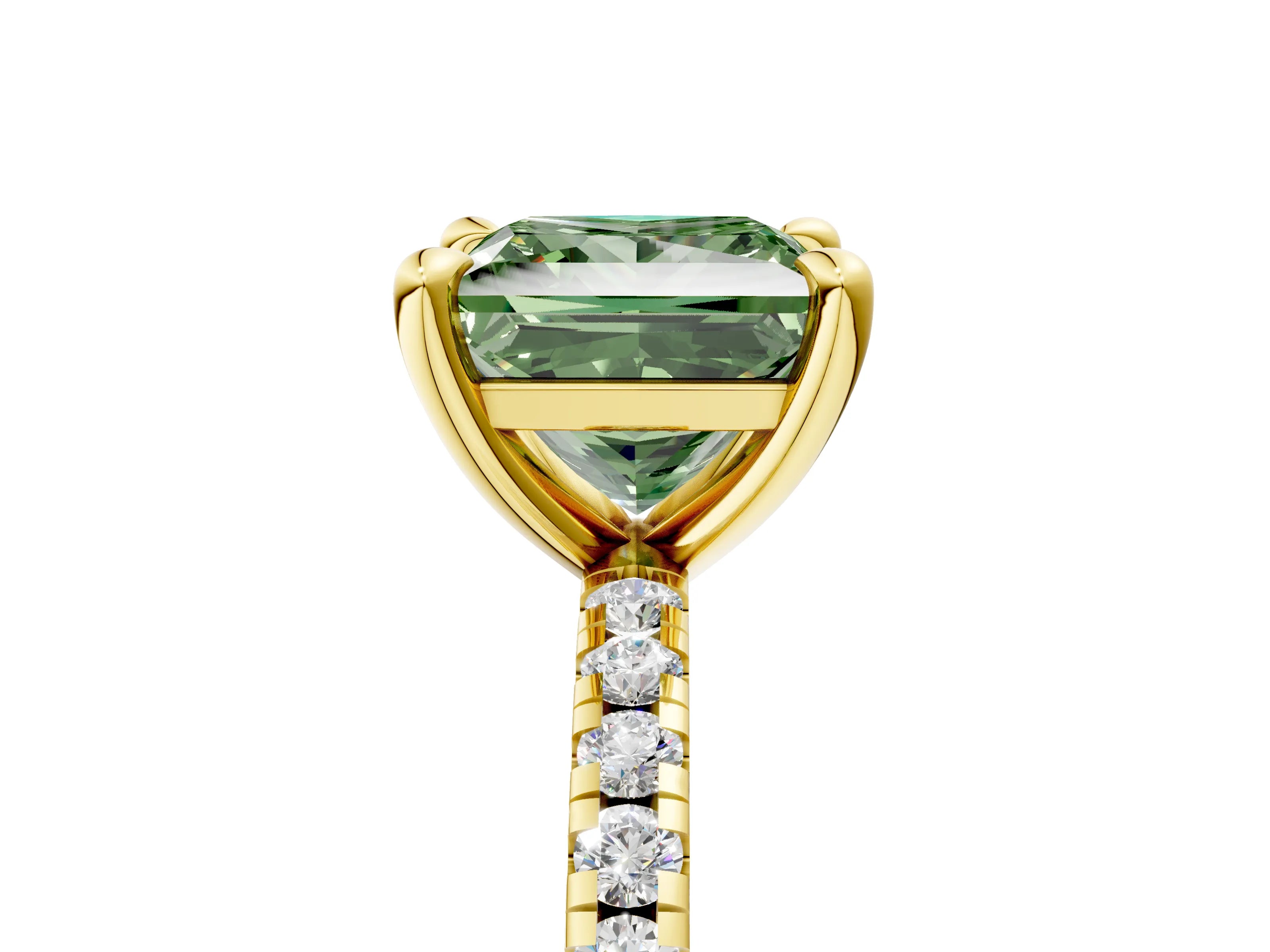 Yellow gold Fancy Green Princess Cut Diamond Brilliant Solitaire Ring with Pavé Band and Four-Prong Setting_5
