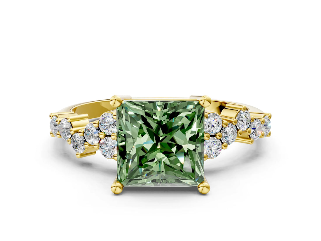 Yellow gold Fancy Green Princess Cut Diamond Cluster Pavé Band with Four-Prong Setting_12
