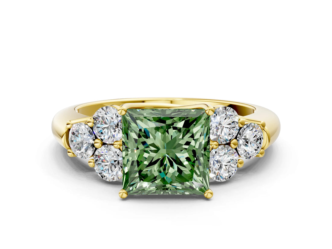 Yellow gold Fancy Green Princess  Cut Diamond Cluster Ring with Round Accent Stones and Prong Setting on a Classic Band_29