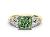Yellow gold Fancy Green Princess  Cut Diamond Cluster Ring with Round Accent Stones and Prong Setting on a Classic Band_29