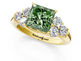 Yellow gold Fancy Green Princess  Cut Diamond Cluster Ring with Round Accent Stones and Prong Setting on a Classic Band_30