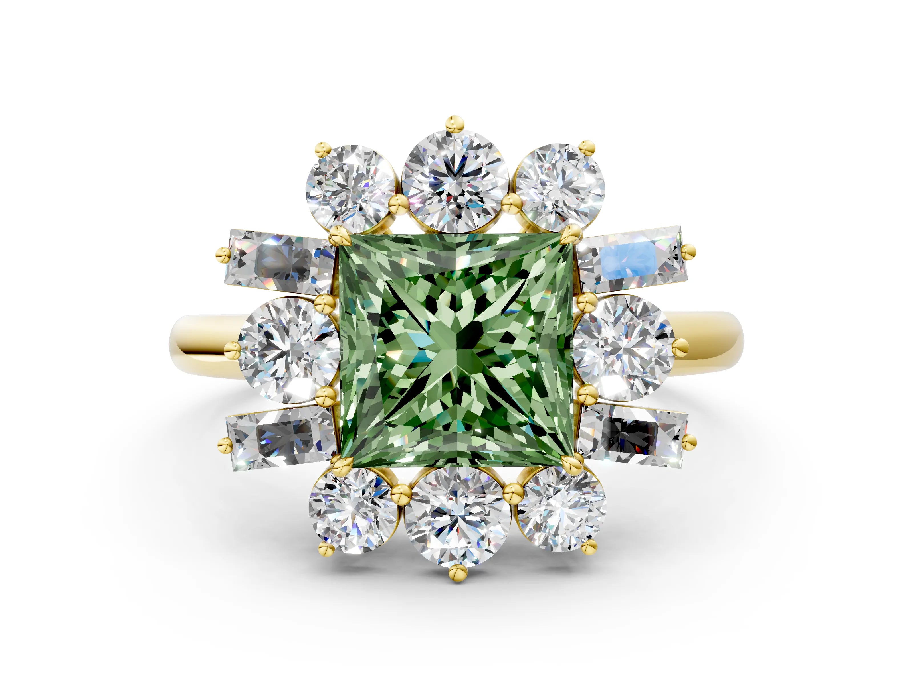 Yellow gold Fancy Green Princess Cut Diamond Cluster Ring with Round and Baguette Stones, Split Shank Band, Prong Setting
