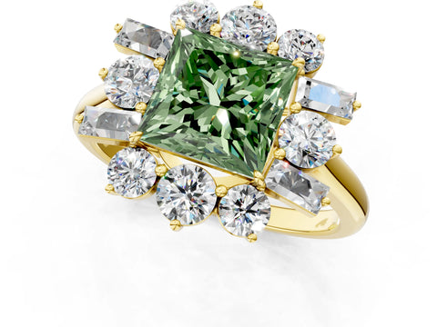 Yellow gold Fancy Green Princess Cut Diamond Cluster Ring with Round and Baguette Stones, Split Shank Band, Prong Setting_1