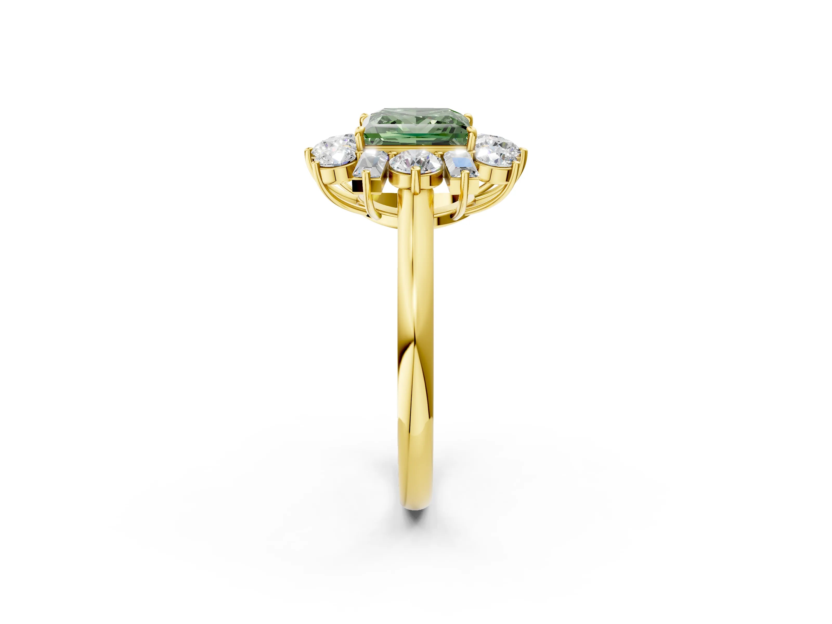 Yellow gold Fancy Green Princess Cut Diamond Cluster Ring with Round and Baguette Stones, Split Shank Band, Prong Setting_2