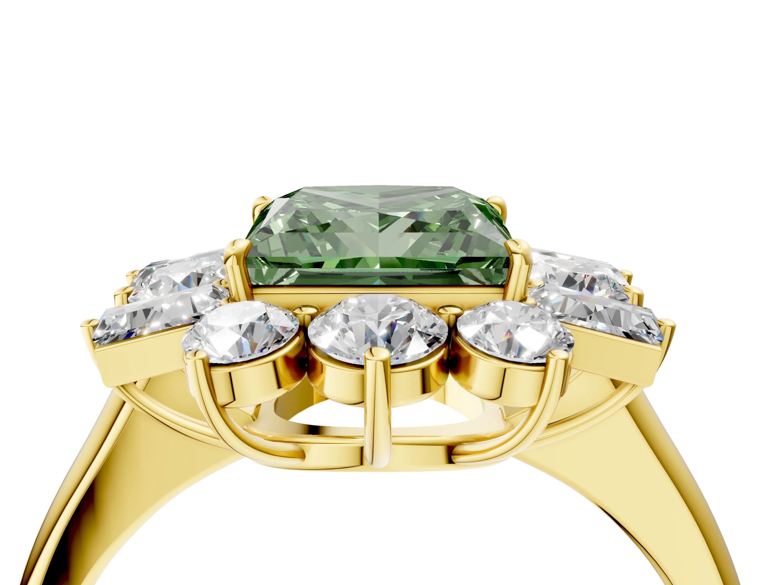 Yellow gold Fancy Green Princess Cut Diamond Cluster Ring with Round and Baguette Stones, Split Shank Band, Prong Setting_4