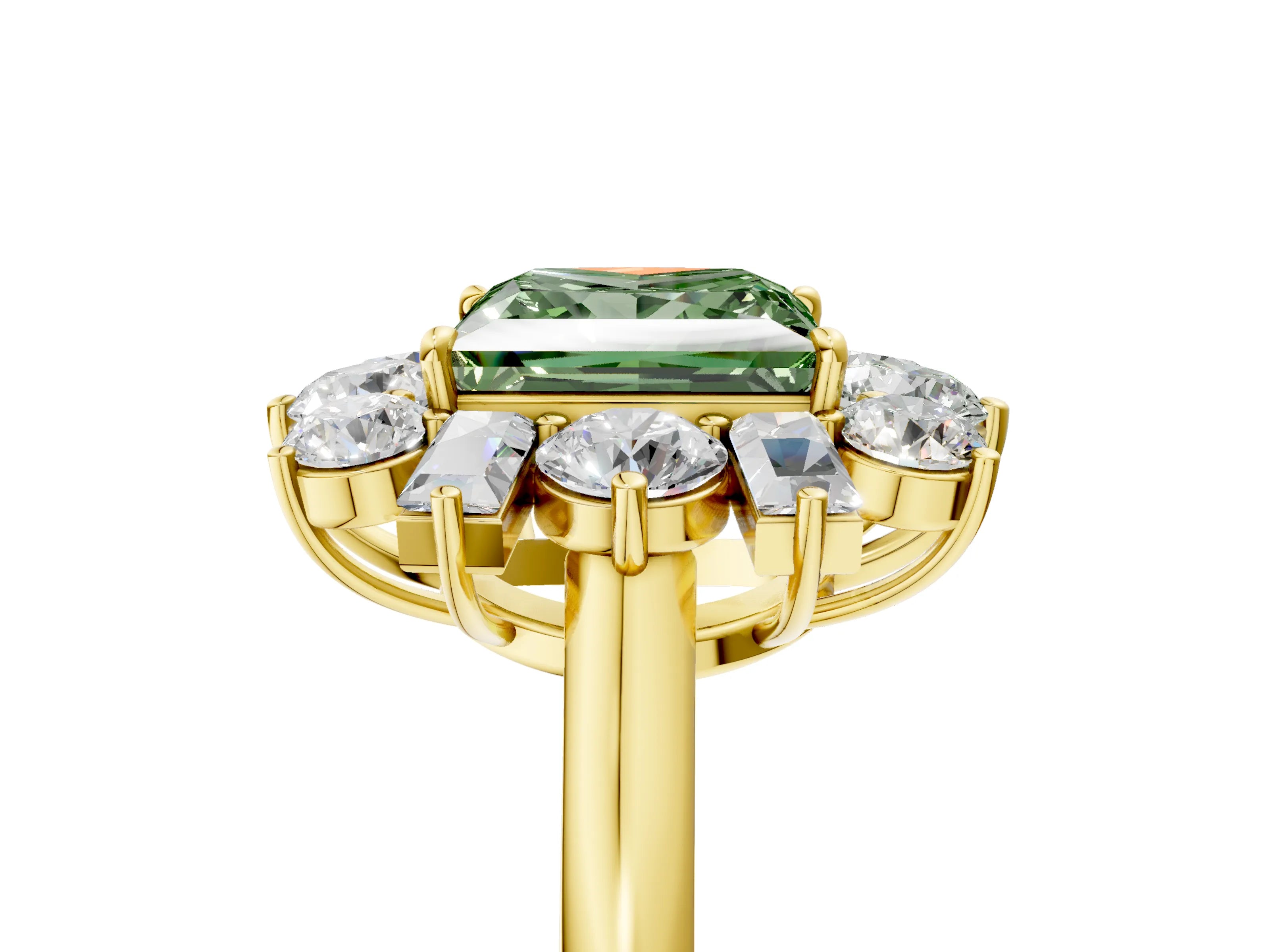 Yellow gold Fancy Green Princess Cut Diamond Cluster Ring with Round and Baguette Stones, Split Shank Band, Prong Setting_5
