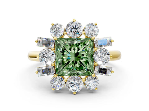 Yellow gold Fancy Green Princess Cut Diamond Cluster Ring with Round and Baguette Stones, Split Shank Band, Prong Setting