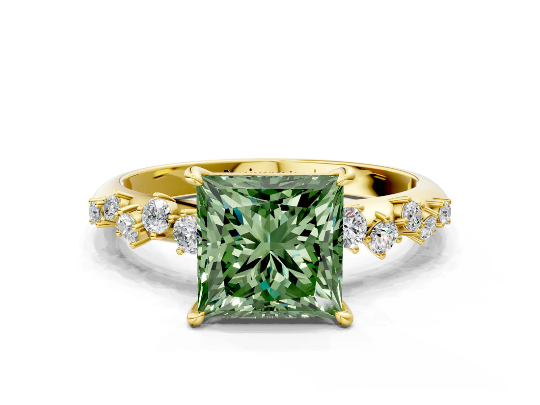 Yellow gold Fancy Green Princess Cut Diamond Cluster Side Stone Solitaire Ring with Prong Setting_29