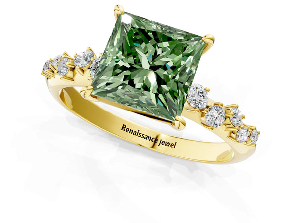 Yellow Gold Princess Cut Graduated Cluster Engagement Ring Setting for Fancy Green Center