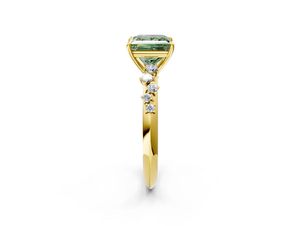 Yellow Gold Princess Cut Graduated Cluster Engagement Ring Setting for Fancy Green Center