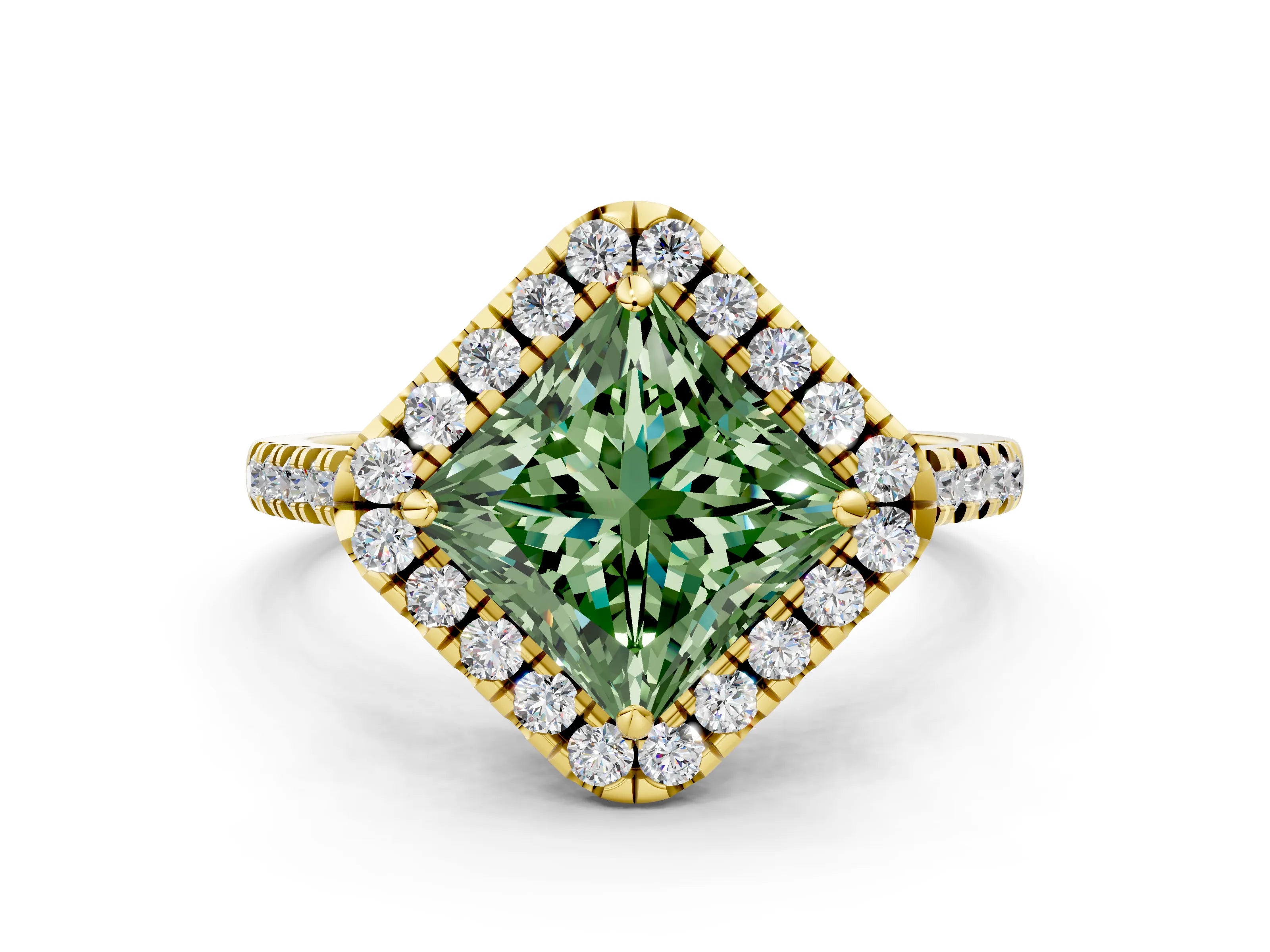 Yellow gold Fancy Green Princess Cut Diamond Cushion Halo Ring with Pavé Band