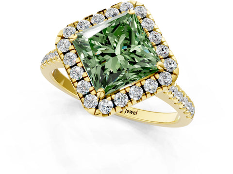 Yellow gold Fancy Green Princess Cut Diamond Cushion Halo Ring with Pavé Band_1