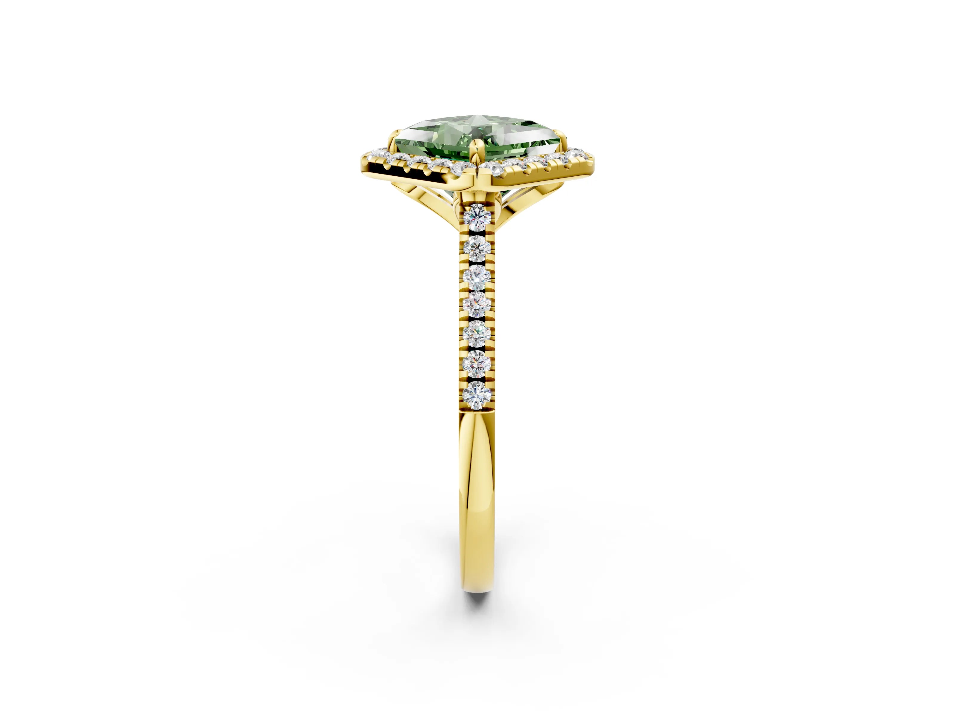 Yellow gold Fancy Green Princess Cut Diamond Cushion Halo Ring with Pavé Band_2