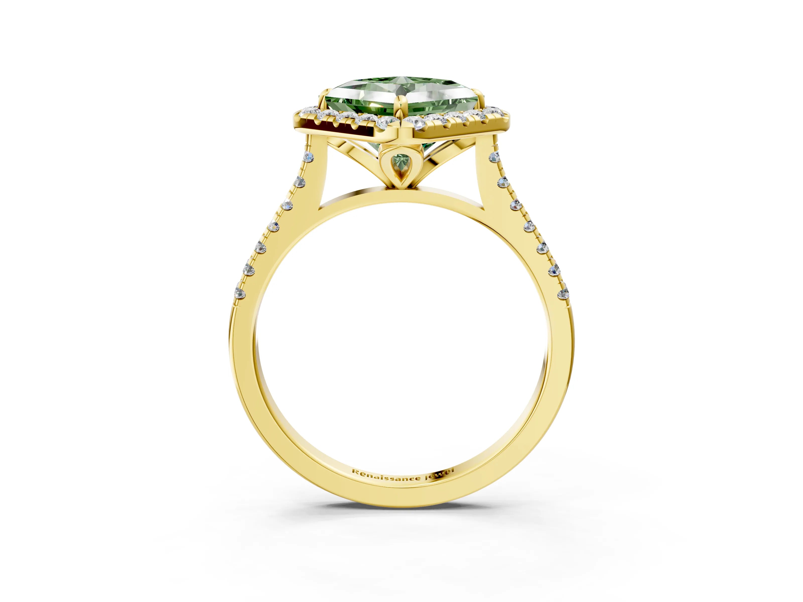 Yellow gold Fancy Green Princess Cut Diamond Cushion Halo Ring with Pavé Band_3