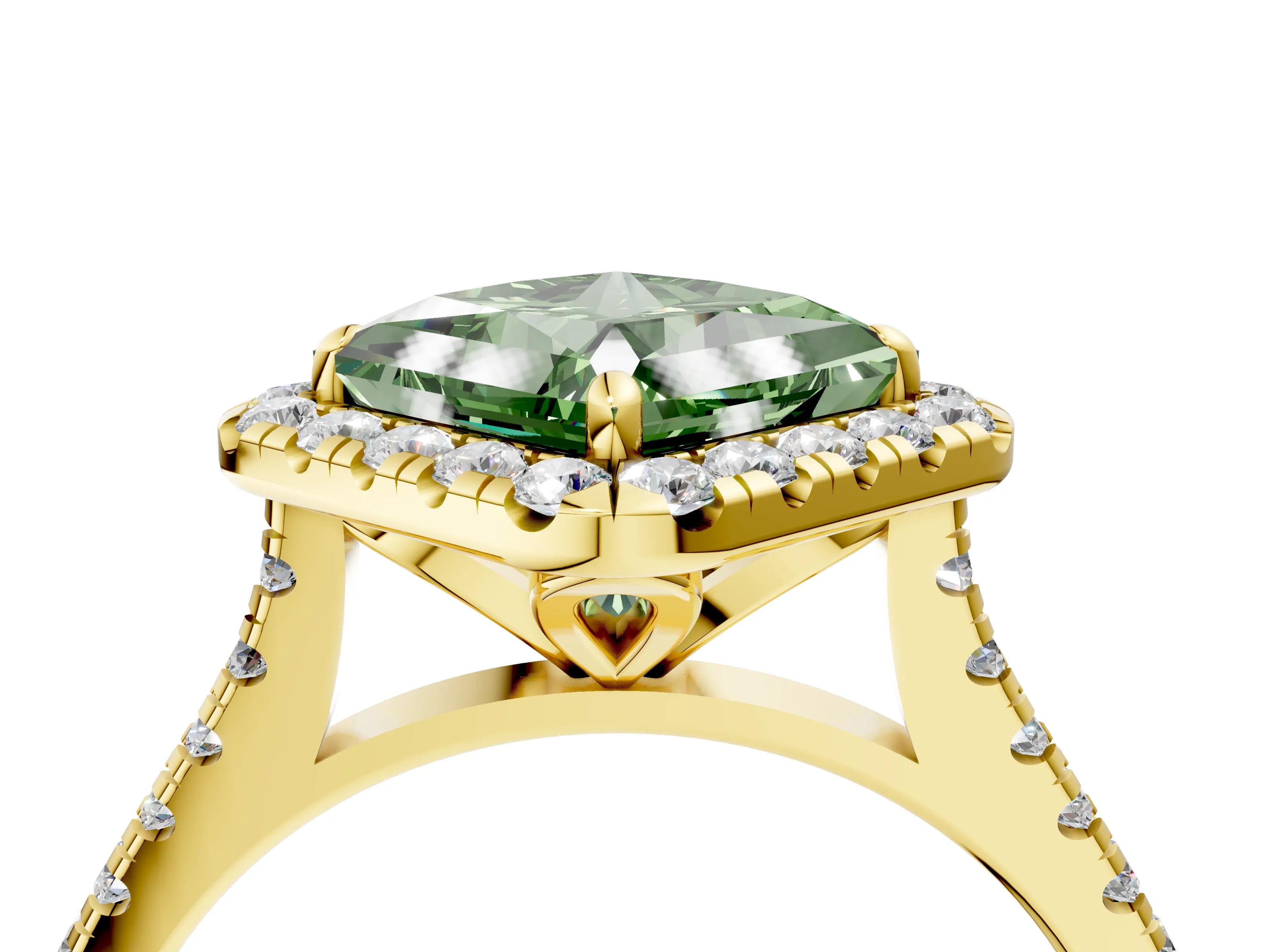 Yellow gold Fancy Green Princess Cut Diamond Cushion Halo Ring with Pavé Band_4
