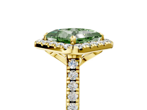 Yellow gold Fancy Green Princess Cut Diamond Cushion Halo Ring with Pavé Band_5