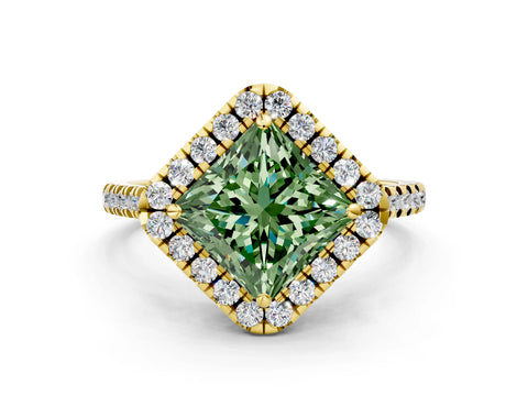 Yellow gold Fancy Green Princess Cut Diamond Cushion Halo Ring with Pavé Band