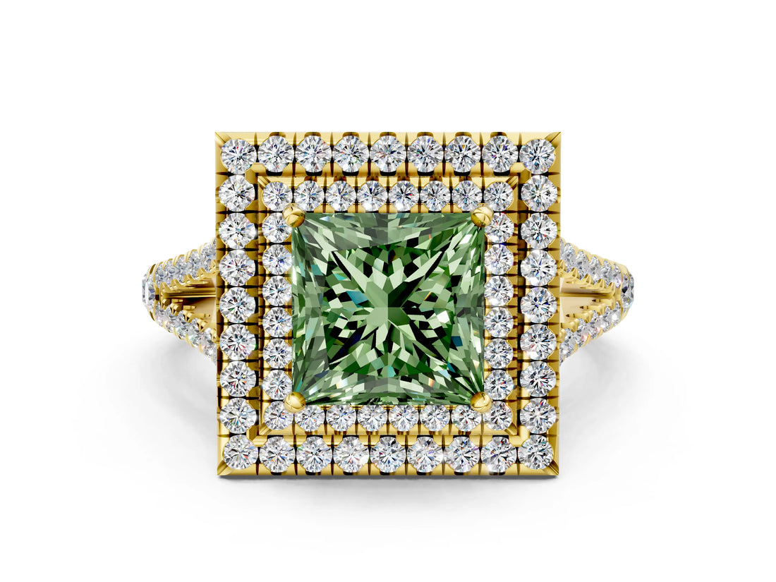 Yellow gold Fancy Green Princess Cut Diamond Double Halo Ring with Pavé Band and Prong Setting_17