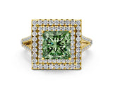 Yellow gold Fancy Green Princess Cut Diamond Double Halo Ring with Pavé Band and Prong Setting_17