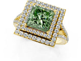 Yellow gold Fancy Green Princess Cut Diamond Double Halo Ring with Pavé Band and Prong Setting_18