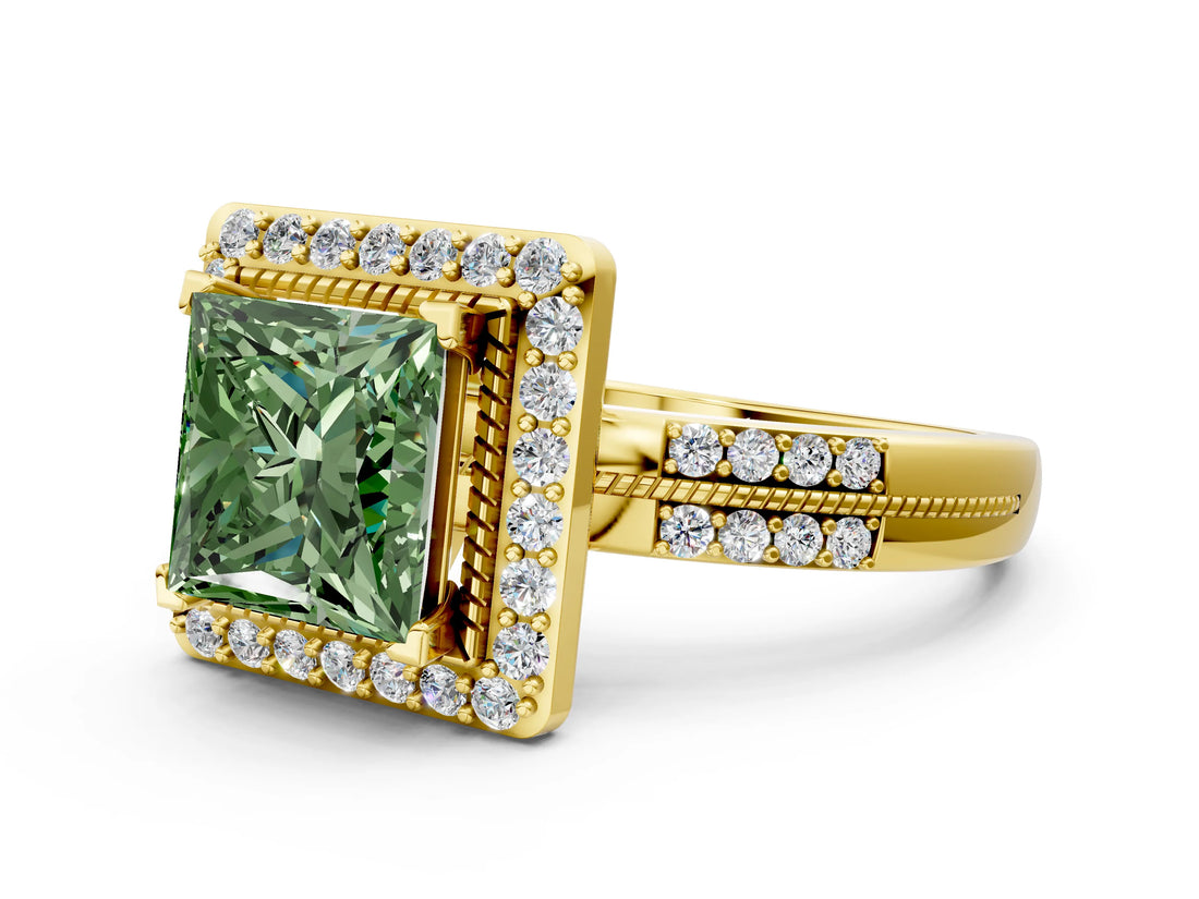 Yellow gold Fancy Green Princess Cut Diamond Double Halo Ring with Split Shank and Four-Prong Setting_12