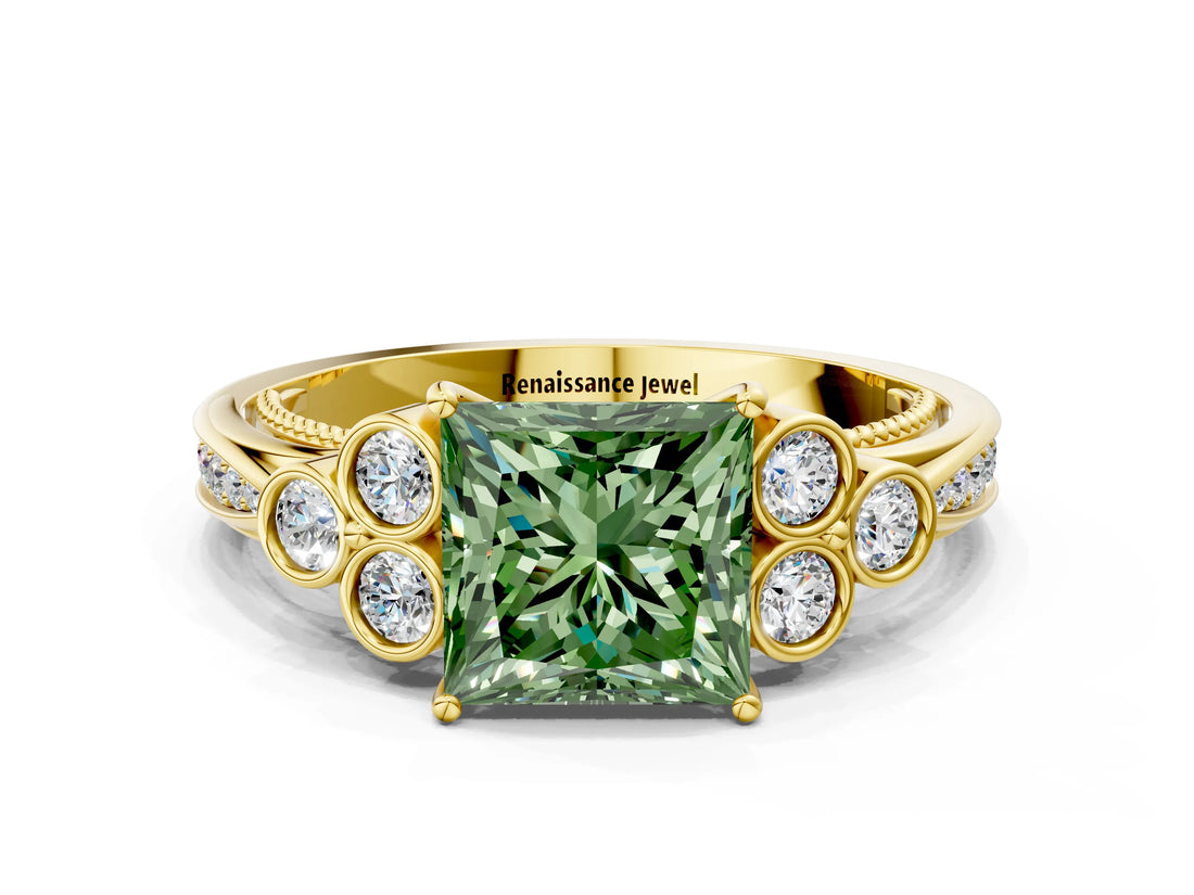 Yellow gold Fancy Green Princess  Cut Diamond Engagement Ring with Bezel Set Round Side Stones and Prong Setting_30