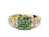 Yellow gold Fancy Green Princess  Cut Diamond Engagement Ring with Bezel Set Round Side Stones and Prong Setting_30