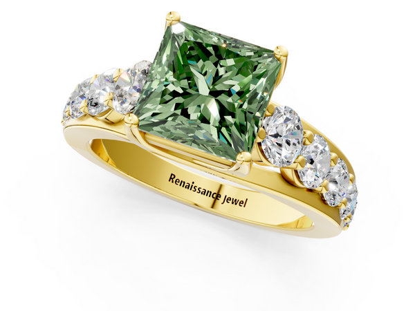Yellow gold Fancy Green Princess Cut Diamond Engagement Ring with Pavé Band and Four-Prong Setting
