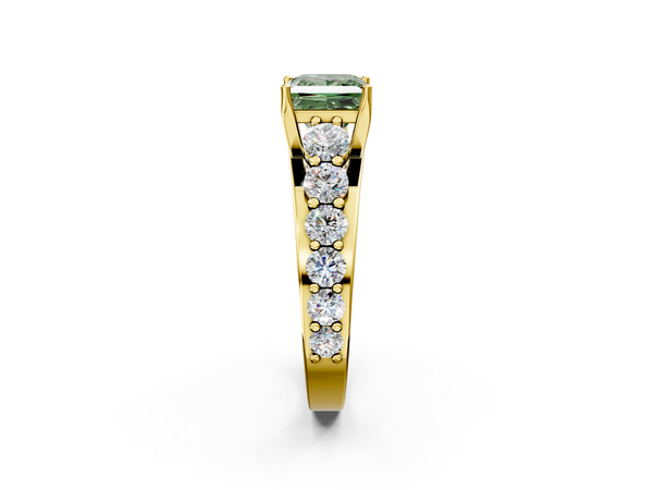 Yellow gold Fancy Green Princess Cut Diamond Engagement Ring with Pavé Band and Four-Prong Setting