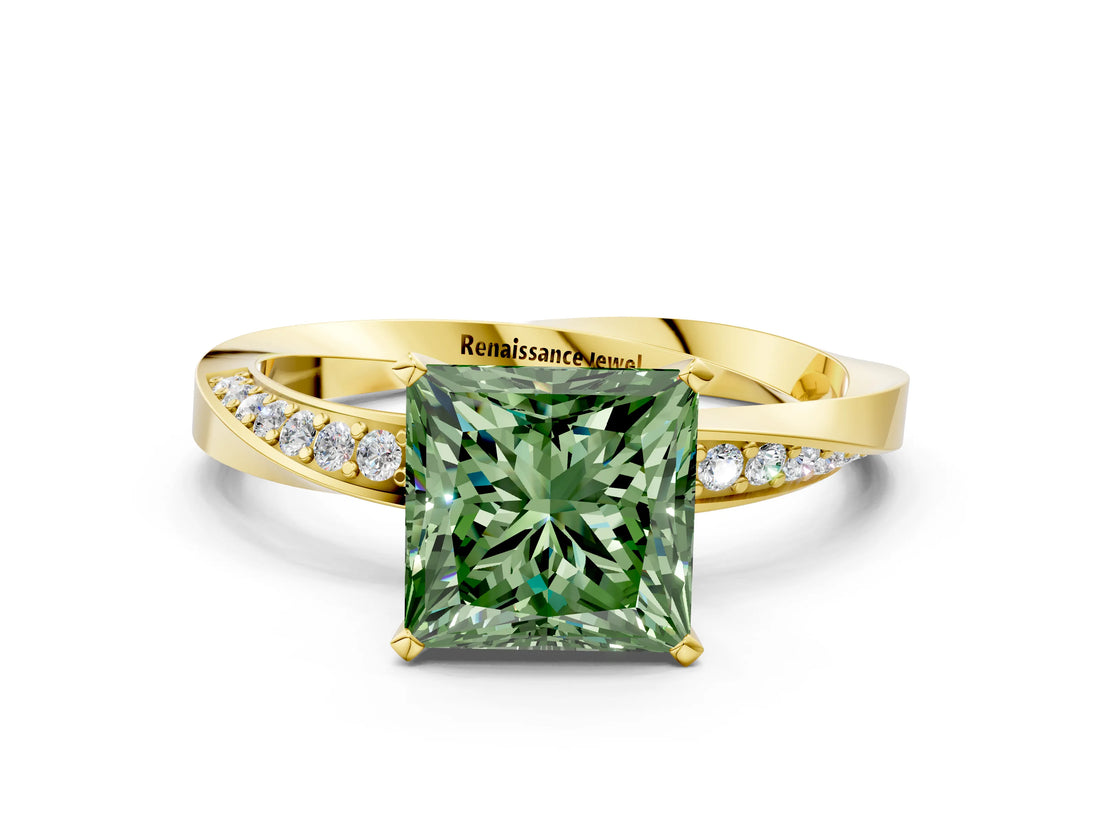 Yellow gold Fancy Green Princess Cut Diamond Engagement Ring with Side Stone Accents and Four-Prong Setting_12