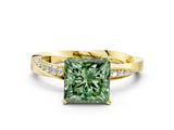 Yellow gold Fancy Green Princess Cut Diamond Engagement Ring with Side Stone Accents and Four-Prong Setting_12
