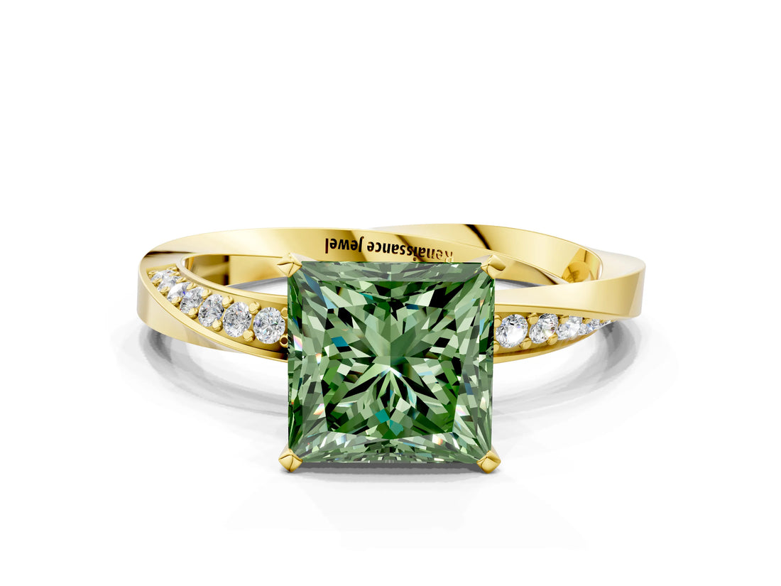Yellow gold Fancy Green Princess Cut Diamond Engagement Ring with Side Stone Accents and Four-Prong Setting_96