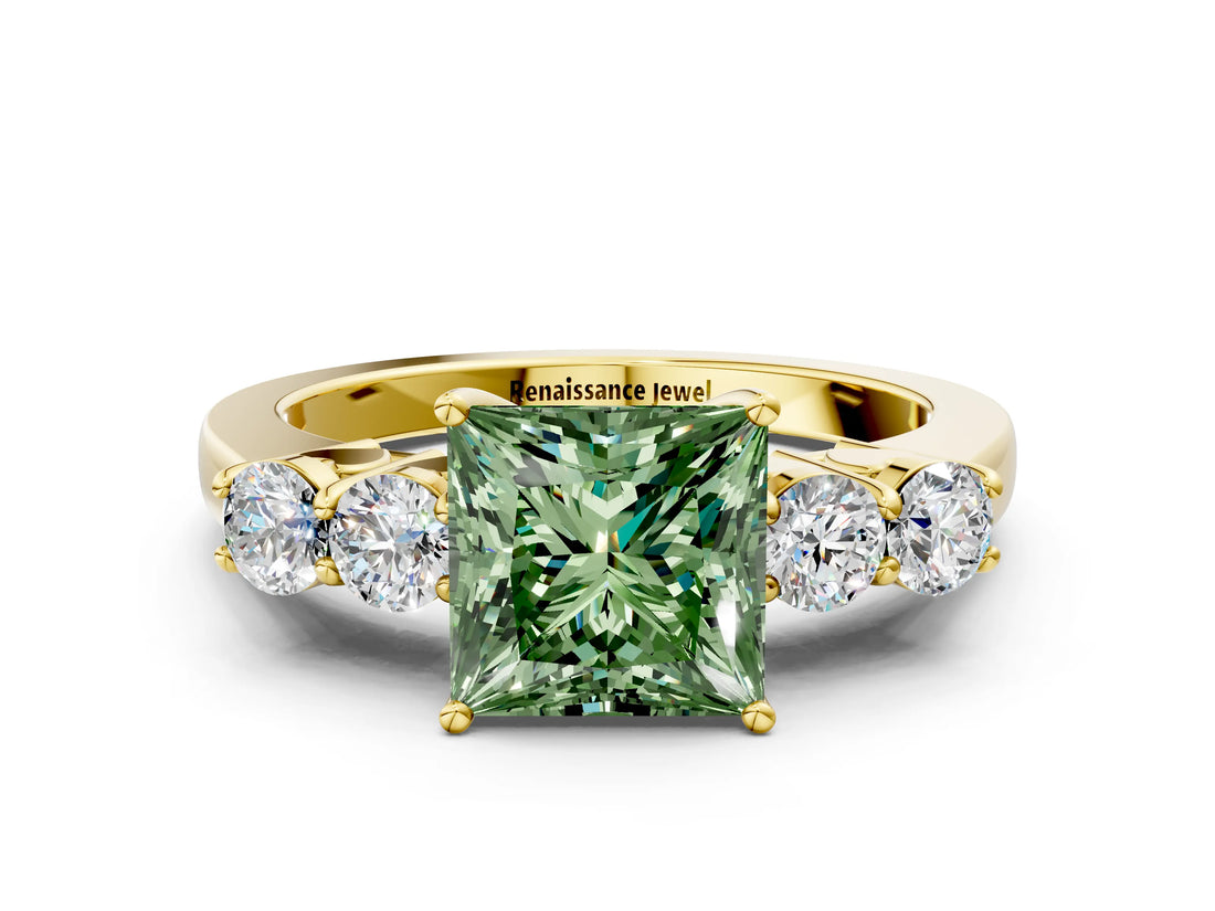 Yellow gold Fancy Green Princess  Cut Diamond Five-Stone Prong Set White Gold Ring_49