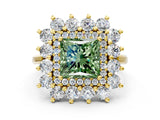 Yellow gold Fancy Green Princess Cut Diamond Floral Double Halo Engagement Ring with Prong Setting_24