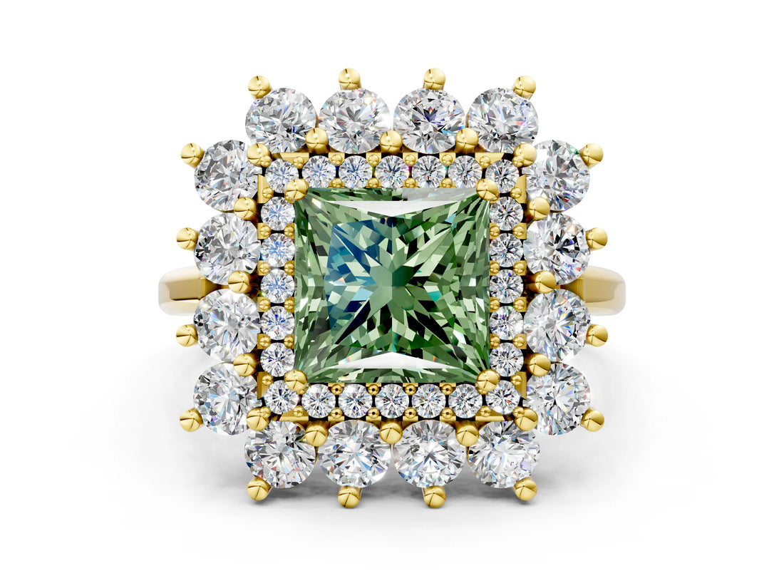 Yellow gold Fancy Green Princess Cut Diamond Floral Double Halo Engagement Ring with Prong Setting_72