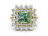 Yellow gold Fancy Green Princess Cut Diamond Floral Double Halo Engagement Ring with Prong Setting_72