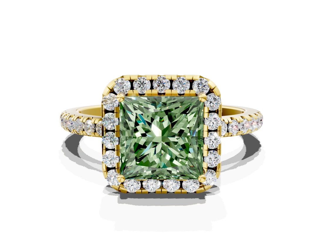 Yellow gold Fancy Green Princess  Cut Diamond Floral Halo Engagement Ring with Pavé Band and Prong Setting_28