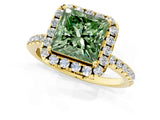 Yellow gold Fancy Green Princess  Cut Diamond Floral Halo Engagement Ring with Pavé Band and Prong Setting_29