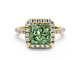 Yellow gold Fancy Green Princess  Cut Diamond Floral Halo Engagement Ring with Pavé Band and Prong Setting_40