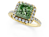 Yellow gold Fancy Green Princess  Cut Diamond Floral Halo Engagement Ring with Pavé Band and Prong Setting_41