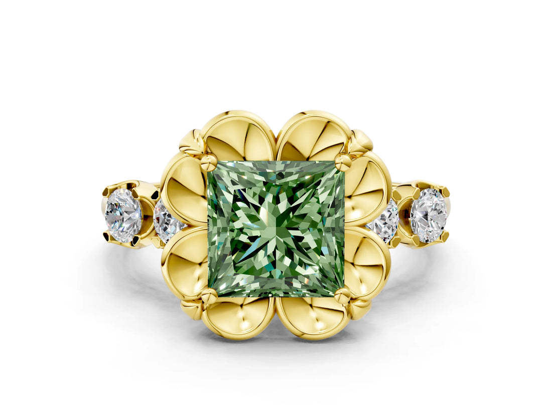 Yellow gold Fancy Green Princess  Cut Diamond Floral Halo Engagement Ring with Shared Prong Setting 1