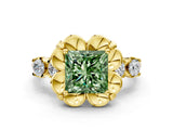 Yellow gold Fancy Green Princess  Cut Diamond Floral Halo Engagement Ring with Shared Prong Setting 1