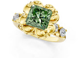 Yellow gold Fancy Green Princess  Cut Diamond Floral Halo Engagement Ring with Shared Prong Setting 2