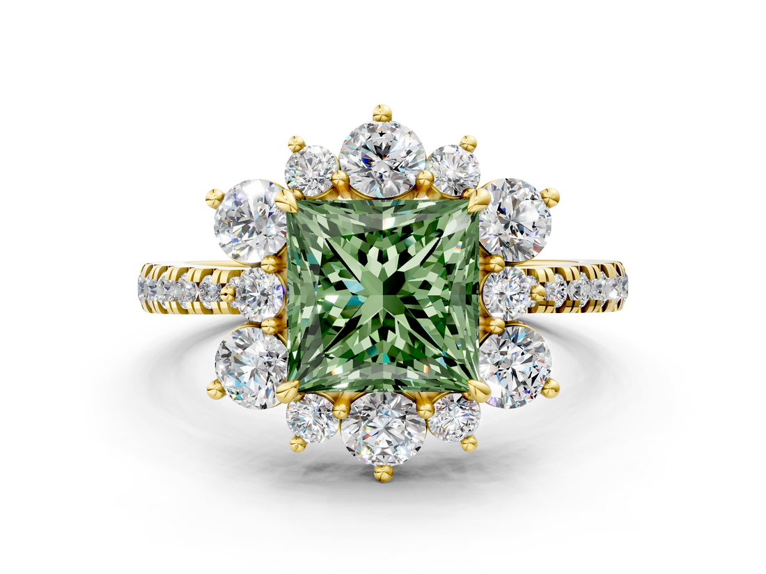 Yellow gold Fancy Green Princess  Cut Diamond Floral Halo Pave Band with Prong Setting